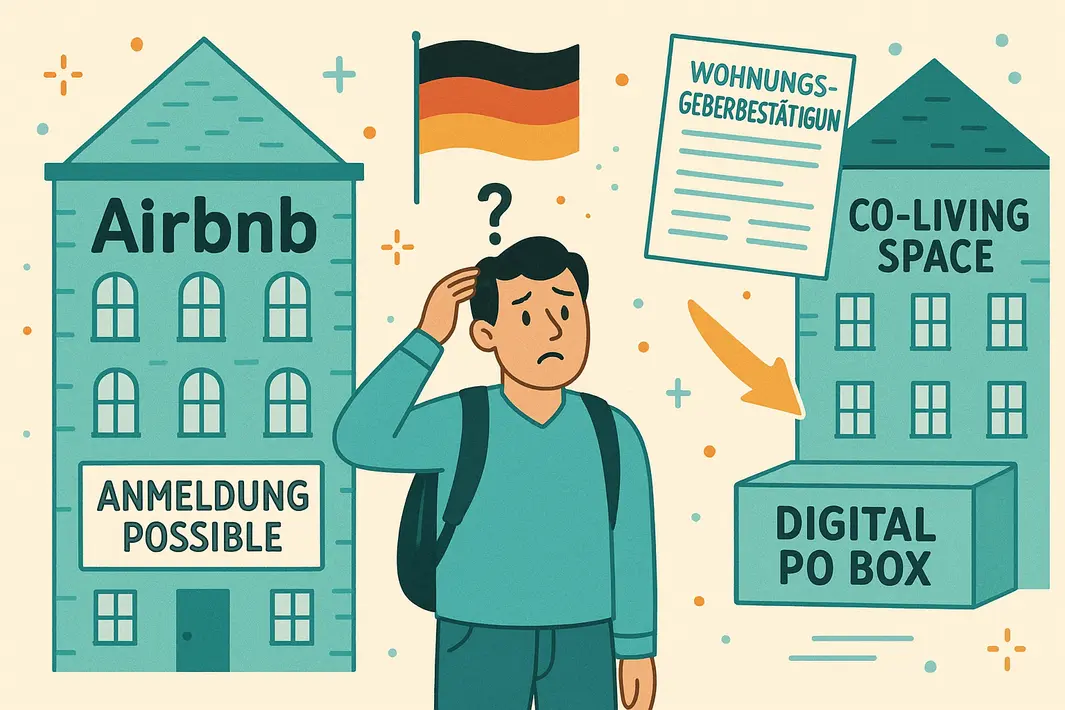Illustration of expat navigating Anmeldung in Germany without a permanent apartment, highlighting options like Airbnb and co-living spaces. Anmeldung without a permanent apartment