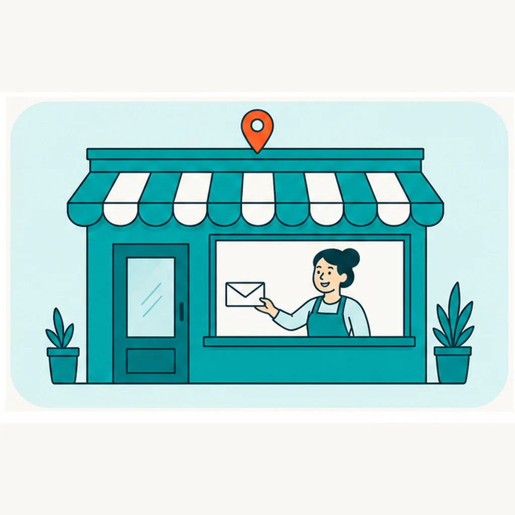 Flat illustration of a friendly small storefront with an orange location pin above it and one envelope handed over a counter