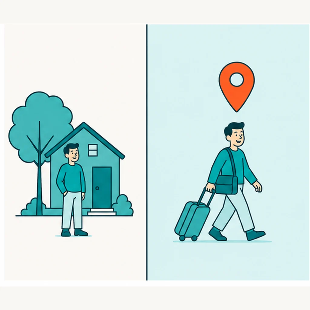 Split illustration: a freelancer settled at home on one side, a traveling freelancer with suitcase and location pin on the other