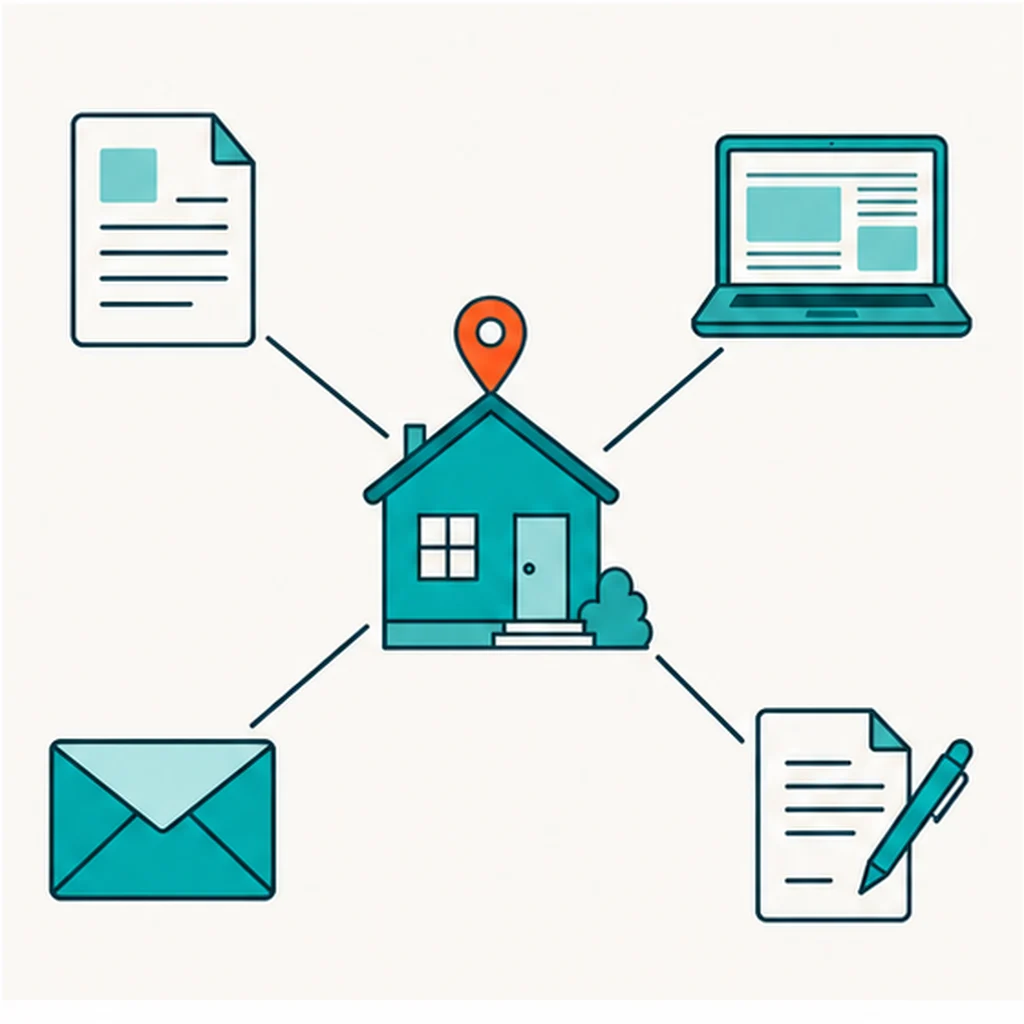 Flat illustration of a house with thin lines radiating to an invoice, a laptop, an envelope and a contract document